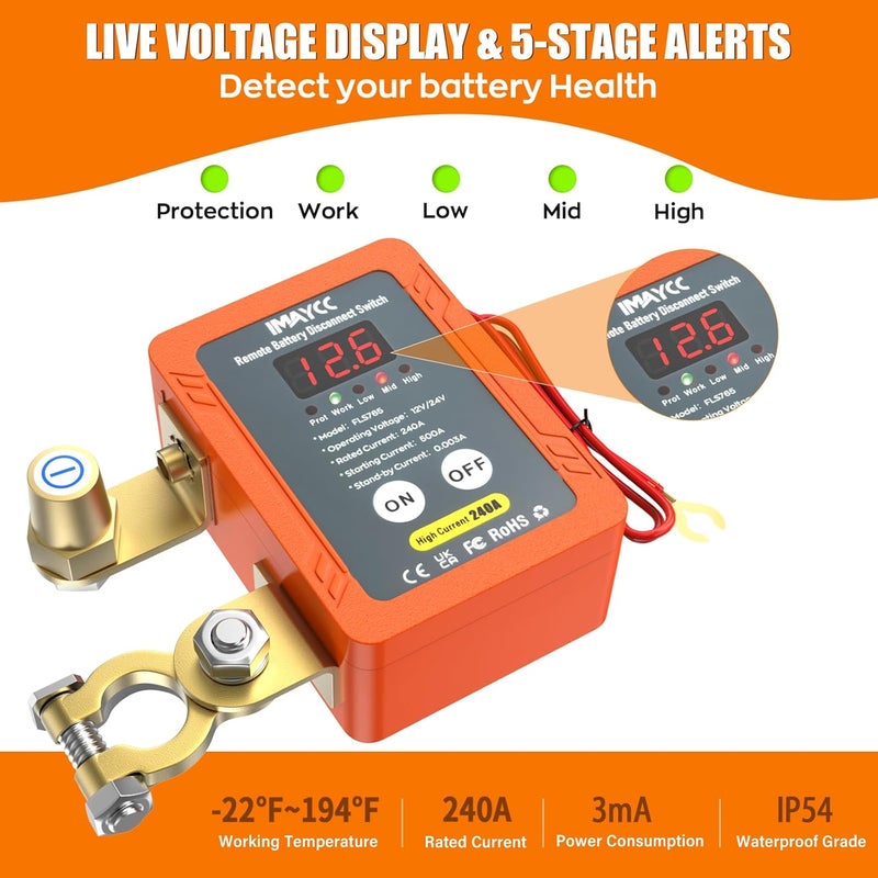 IMAYCC 12V 240A Remote Kill Switch for Car, LED Battery Disconnect Switch,Battery Cut Off Shut Off Battery Switch for Auto,Vehicle, RV, ATV,Truck, Boat. - Image 2